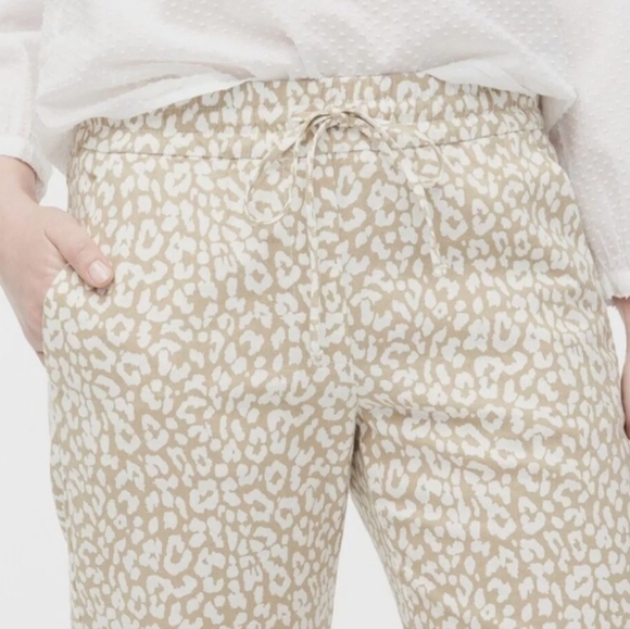 J.Crew Biege White Leopard Drawstring Elastic Waist Straight Leg Ankle Pants - Picture 12 of 13